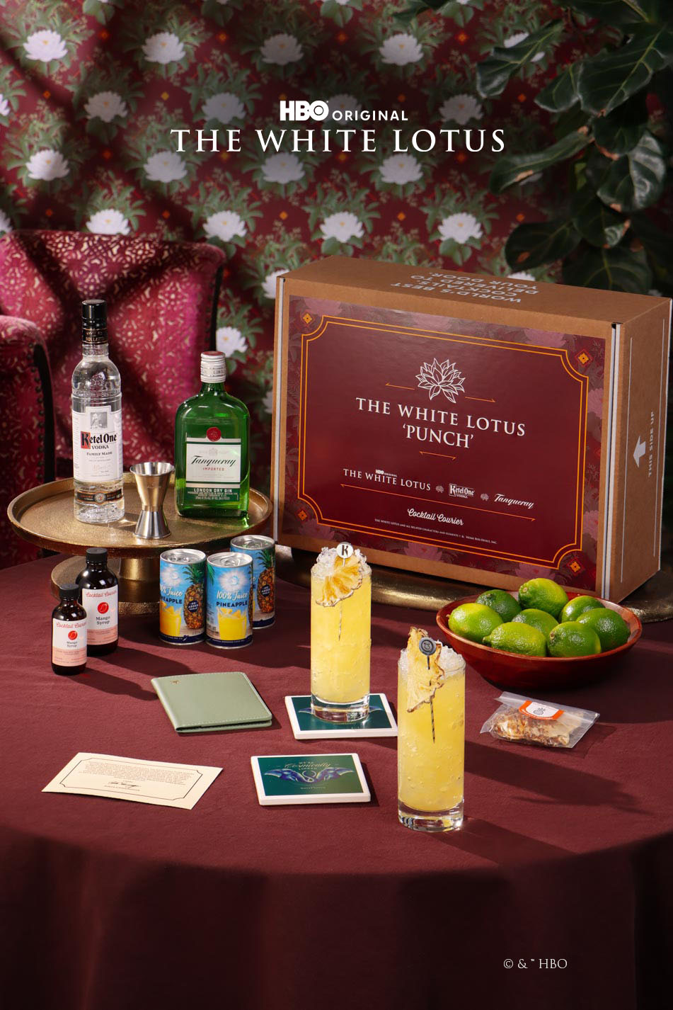 Caja White Lotus, de Diageo, con los ingredientes para preparar los cócteles que aparecen en la serie.